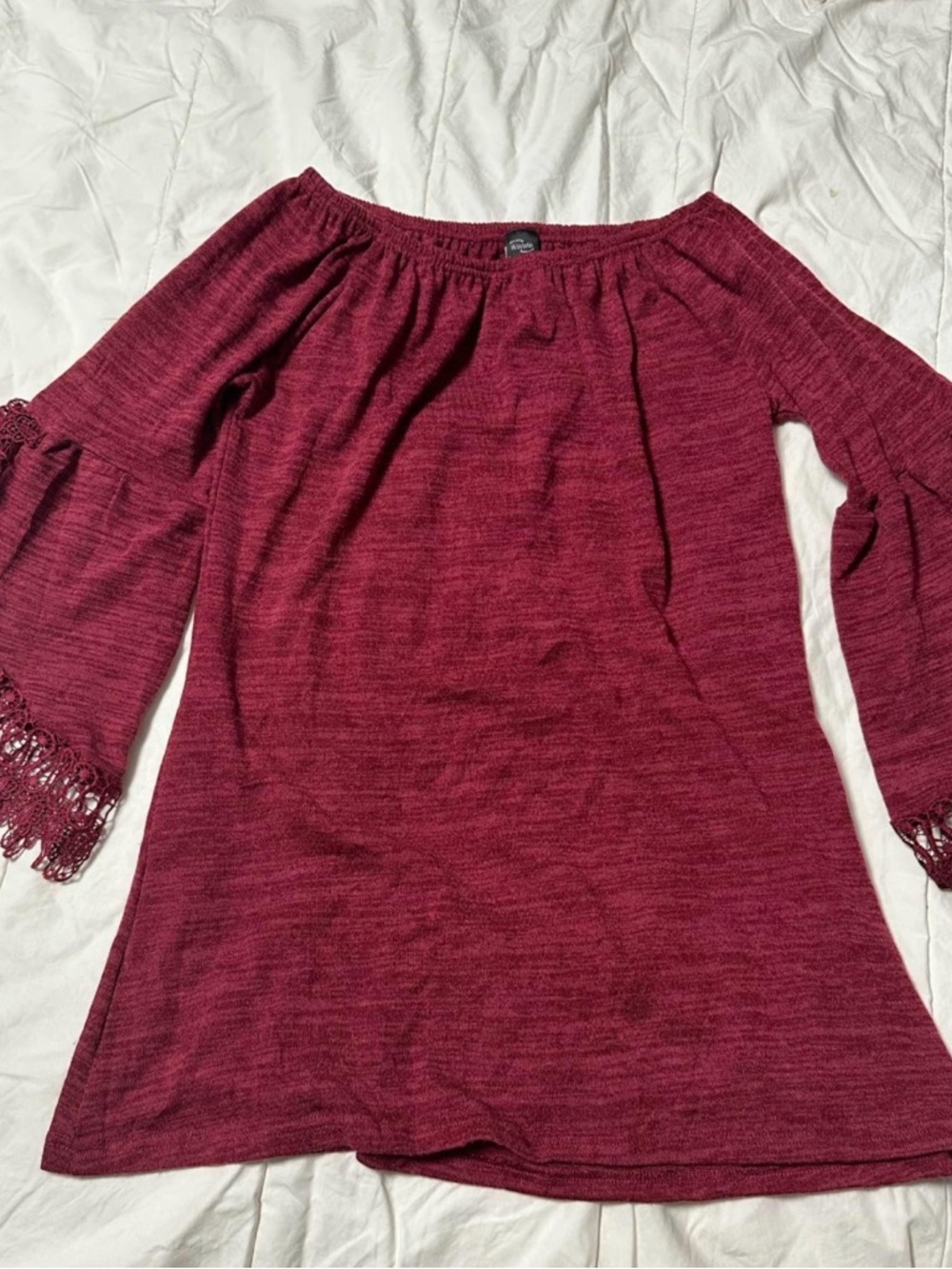 WinWin Burgundy Off-Shoulder Knit Tunic with Lace Trim